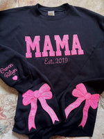 Custom Trendy and Cute Mama Embroidered Glitter Side Bow Sweatshirt | Mother's Day Gift