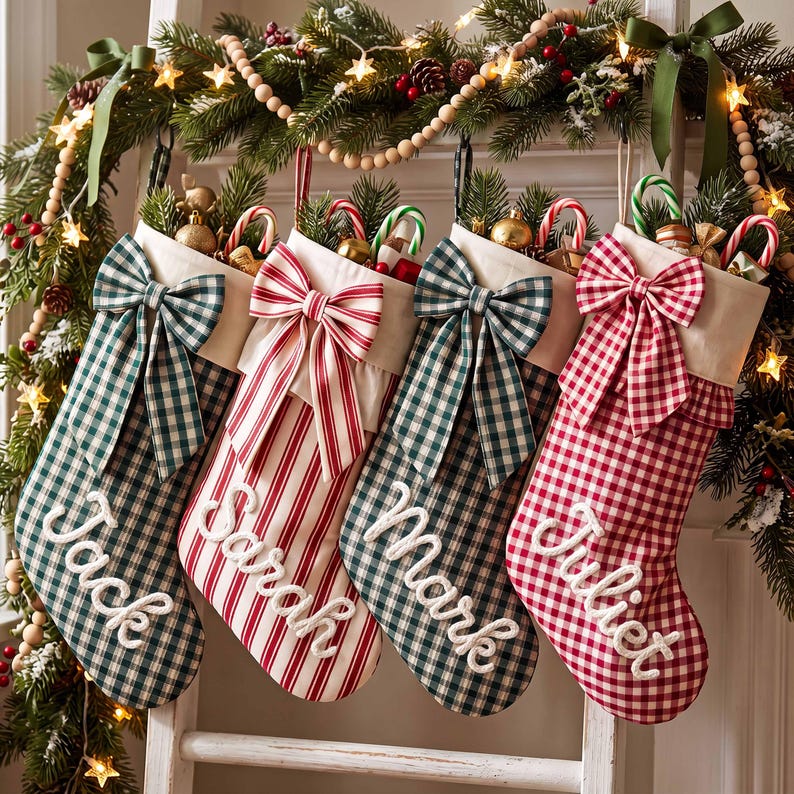 personalized-christmas-stocking-with-large-bow-custom-name-embroidered-holiday-stocking-farmhouse-plaid-striped-decor