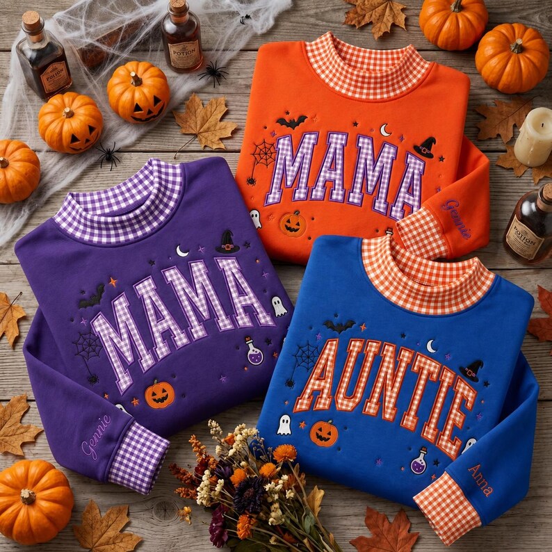 personalized-gingham-mock-neck-sweatshirt-custom-name-sleeve-halloween-mama-applique-spooky-mom-crewneck-pumpkin-ghost-fall-decor
