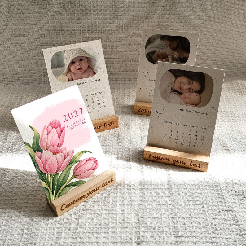 2027-personalized-baby-photo-plantable-seed-calendar-with-wooden-stand-custom-eco-friendly-desk-calendar-sustainable-gift-for-new-parents