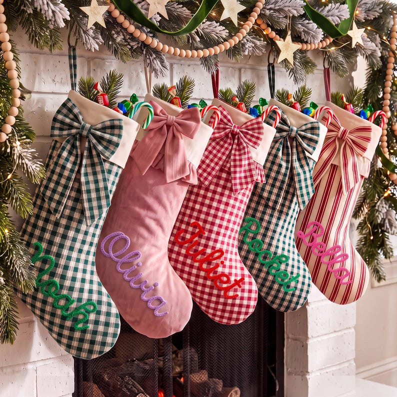 personalized-christmas-stocking-with-large-bow-custom-name-embroidered-holiday-stocking-farmhouse-plaid-striped-decor