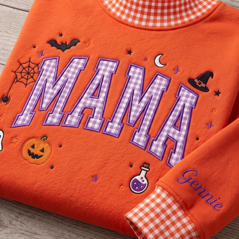personalized-gingham-mock-neck-sweatshirt-custom-name-sleeve-halloween-mama-applique-spooky-mom-crewneck-pumpkin-ghost-fall-decor