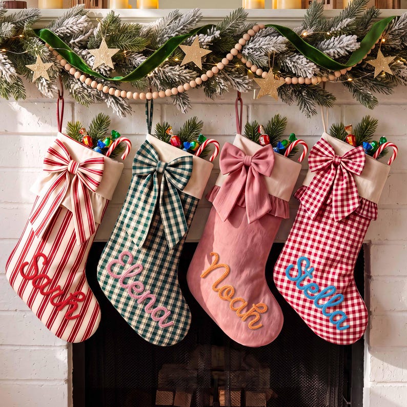 personalized-christmas-stocking-with-large-bow-custom-name-embroidered-holiday-stocking-farmhouse-plaid-striped-decor