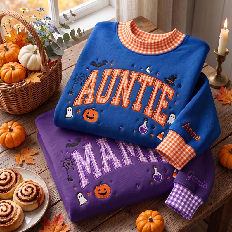 personalized-gingham-mock-neck-sweatshirt-custom-name-sleeve-halloween-mama-applique-spooky-mom-crewneck-pumpkin-ghost-fall-decor