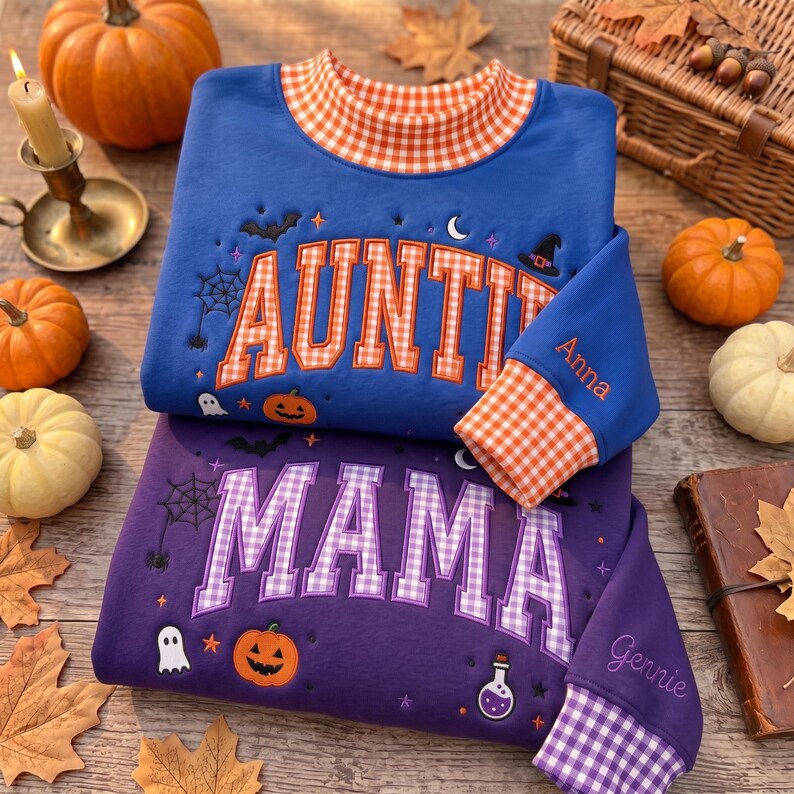 personalized-gingham-mock-neck-sweatshirt-custom-name-sleeve-halloween-mama-applique-spooky-mom-crewneck-pumpkin-ghost-fall-decor