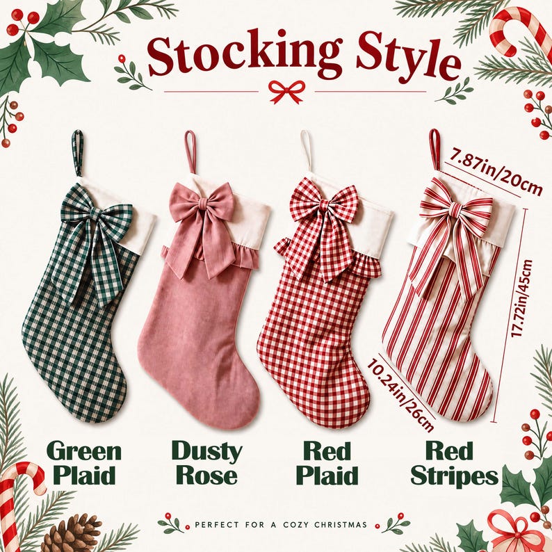 personalized-christmas-stocking-with-large-bow-custom-name-embroidered-holiday-stocking-farmhouse-plaid-striped-decor