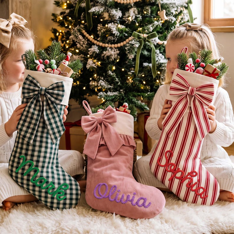 personalized-christmas-stocking-with-large-bow-custom-name-embroidered-holiday-stocking-farmhouse-plaid-striped-decor
