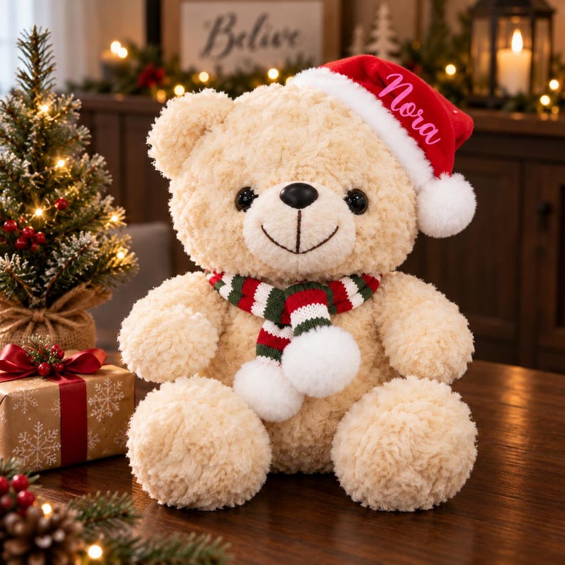 personalized-christmas-teddy-bear-with-custom-name-soft-plush-santa-bear-with-scarf-holiday-gift-for-kids-babies