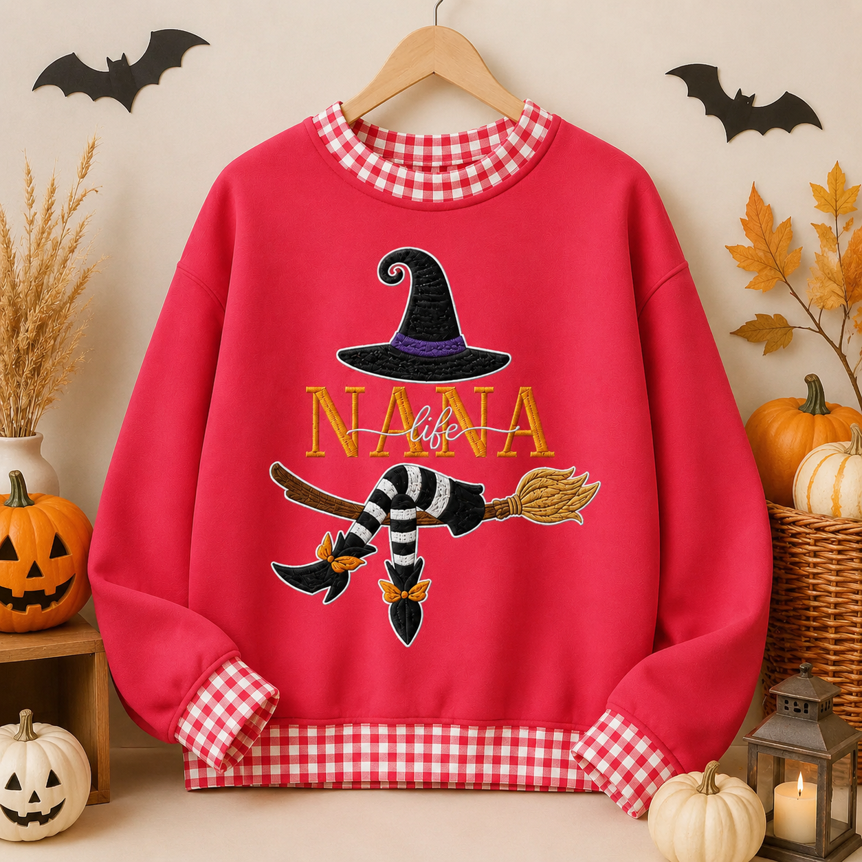 custom-name-gingham-witch-embroidery-sweatshirt-personalized-halloween-pullover