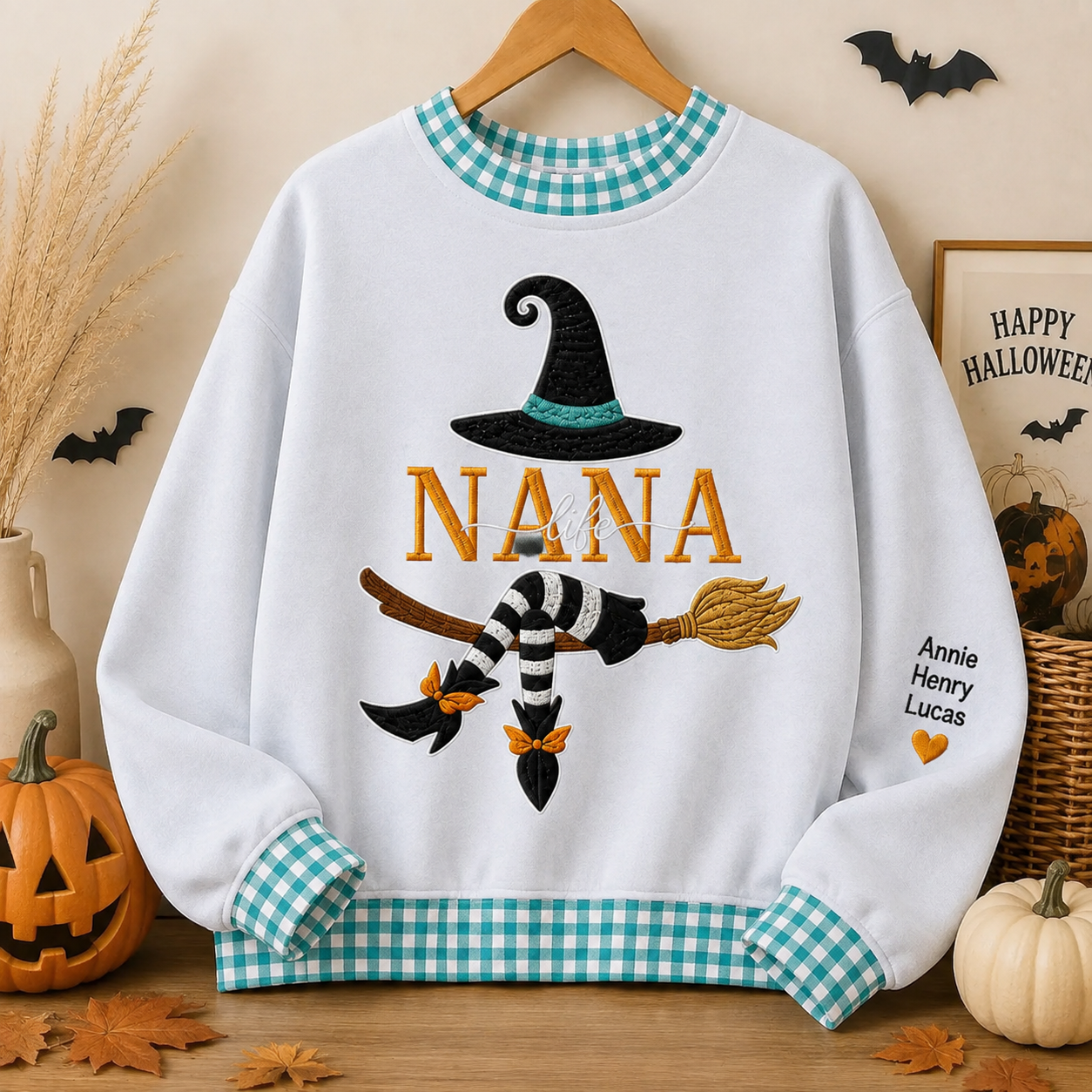 custom-name-gingham-witch-embroidery-sweatshirt-personalized-halloween-pullover