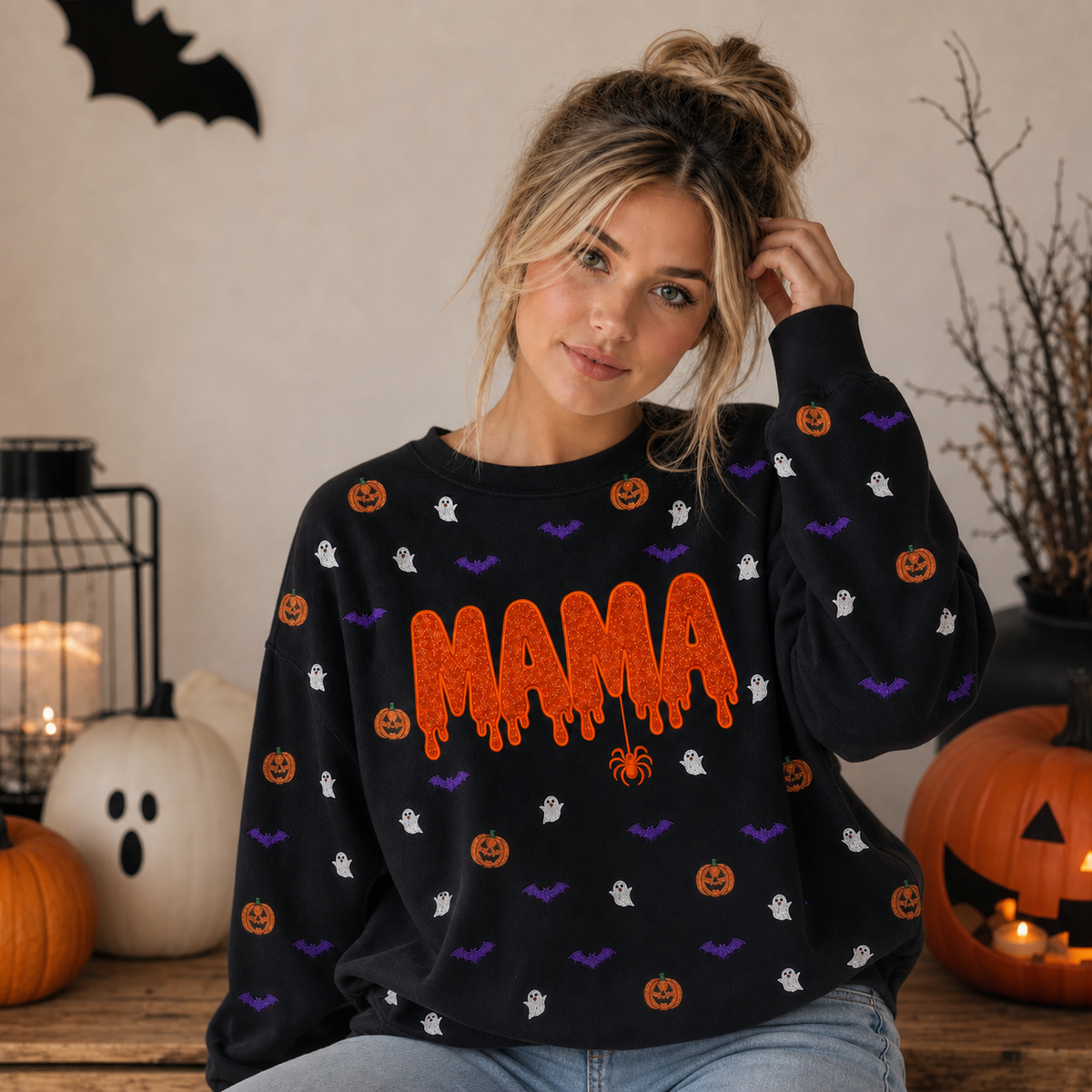 custom-halloween-glitter-letters-mama-drip-acid-pumpkin-ghost-pattern-sweatshirt