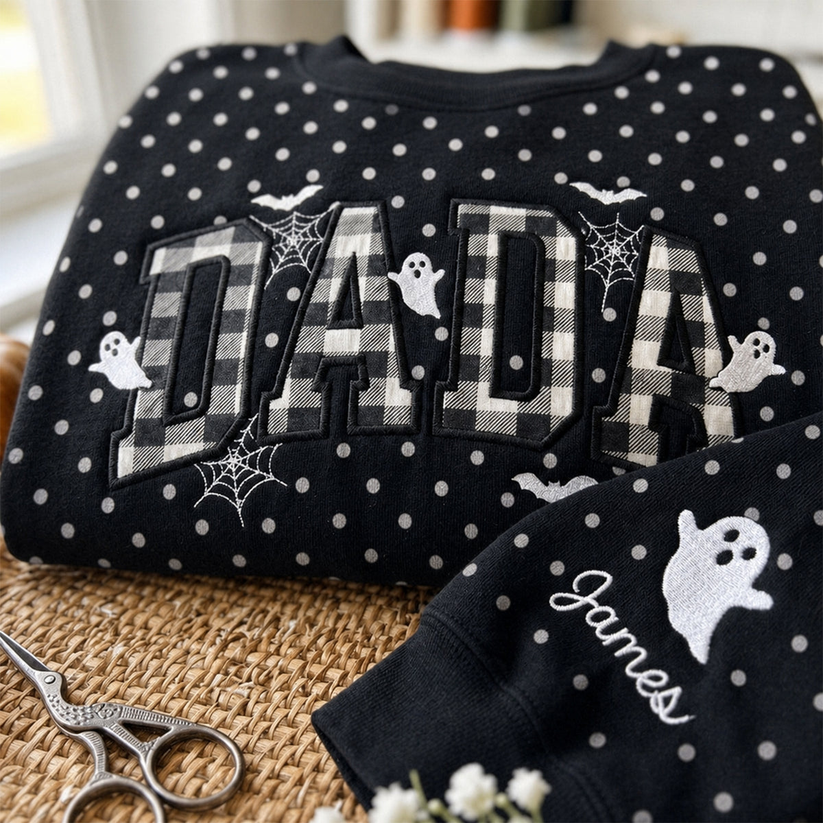 personalized-embroidered-halloween-polka-dot-sweatshirt-mama-dada-plaid-ghost-crewneck
