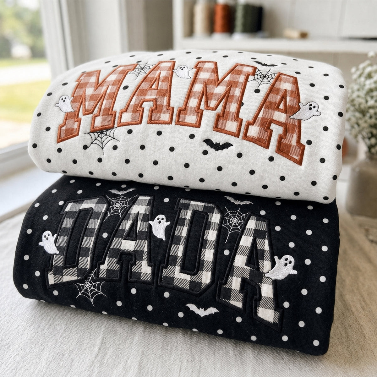 personalized-embroidered-halloween-polka-dot-sweatshirt-mama-dada-plaid-ghost-crewneck