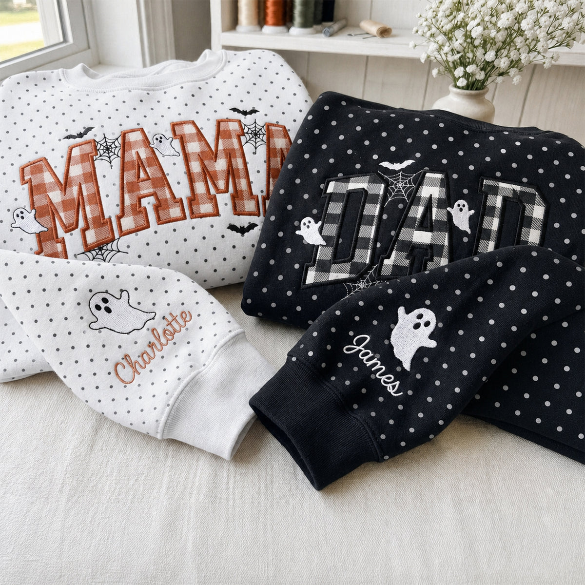 personalized-embroidered-halloween-polka-dot-sweatshirt-mama-dada-plaid-ghost-crewneck