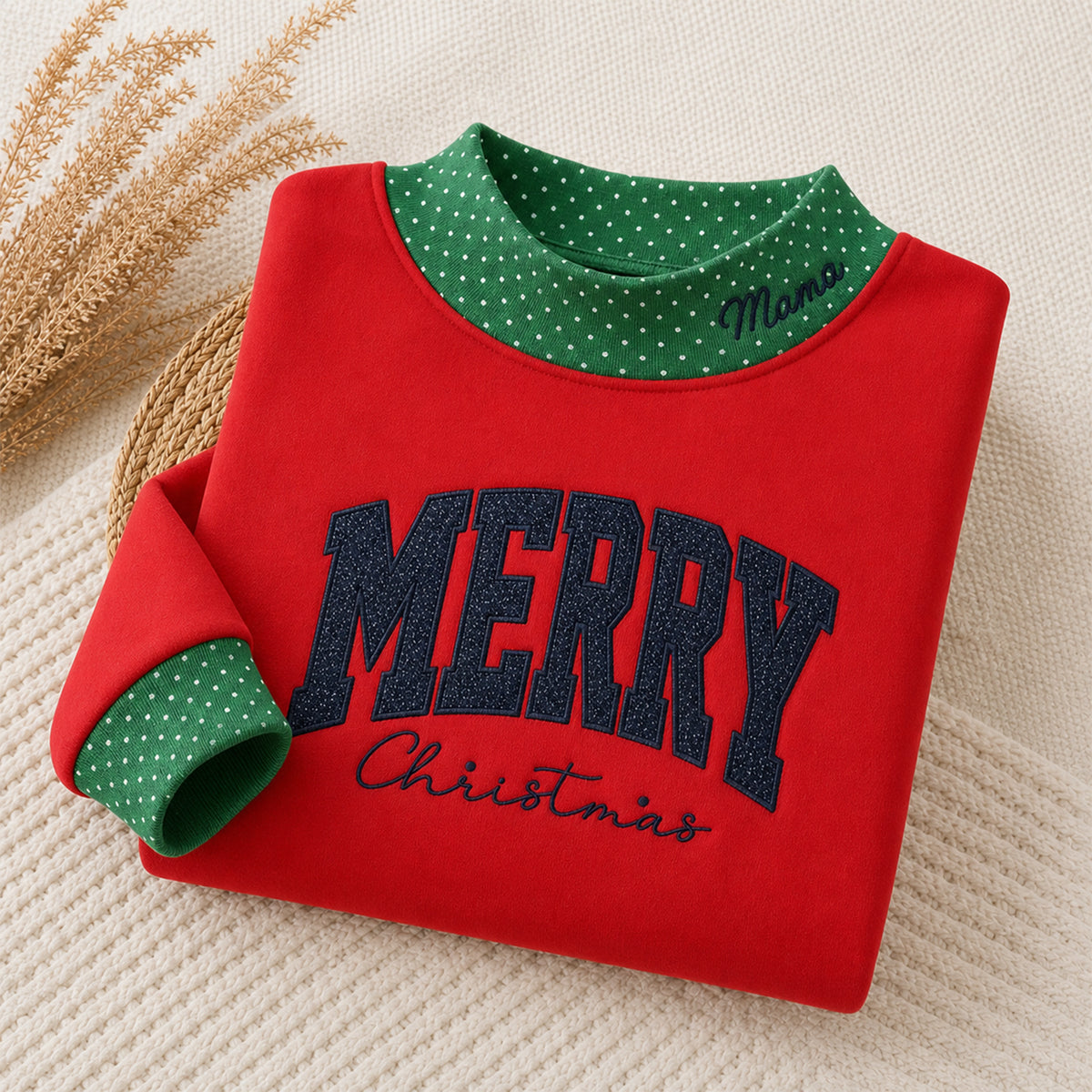 custom-merry-christmas-mock-neck-sweatshirt-with-polka-dot-trim-festive-glitter-embroidered-holiday-pullover