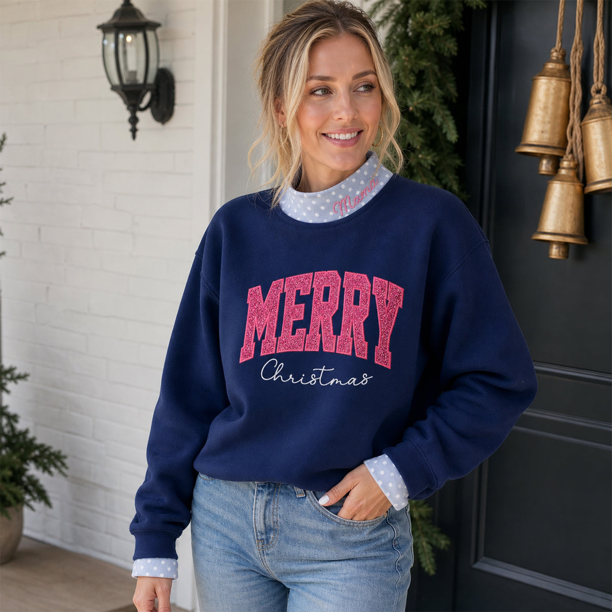 custom-merry-christmas-mock-neck-sweatshirt-with-polka-dot-trim-festive-glitter-embroidered-holiday-pullover