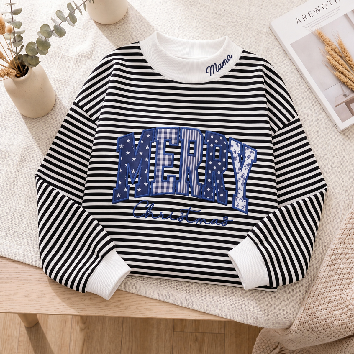 custom-striped-mock-neck-christmas-sweatshirt-merry-christmas-patchwork-applique-pullover