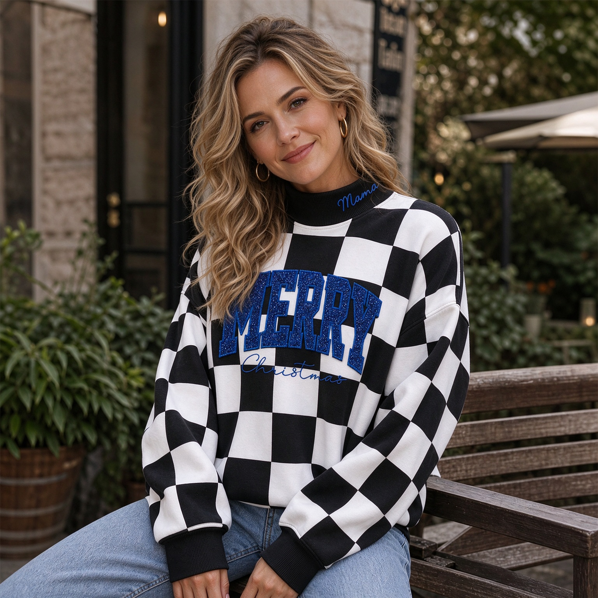 custom-merry-christmas-glitter-embroidered-checkered-sweatshirt-festive-checkerboard-mock-neck-holiday-top