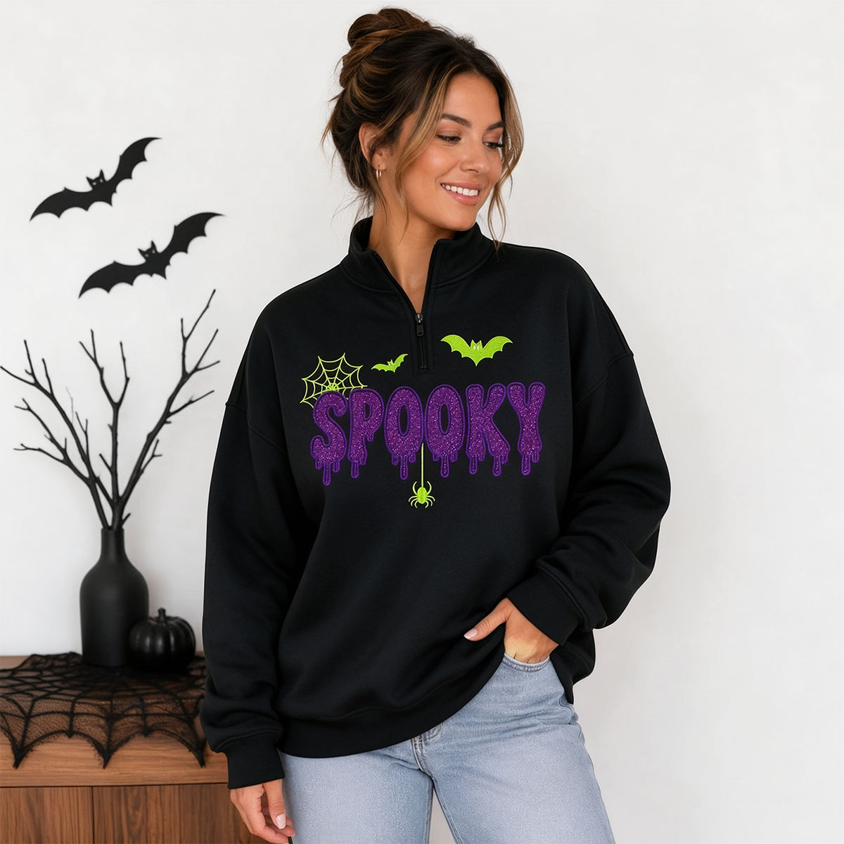 personalized-halloween-mama-quarter-zip-sweatshirt-spooky-glitter-embroidered-pullover-custom-halloween-mom-shirt