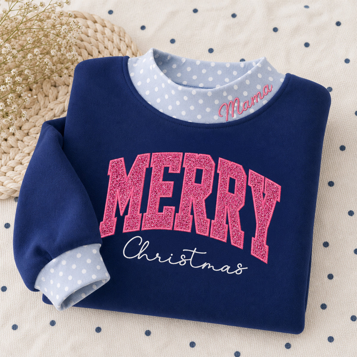 custom-merry-christmas-mock-neck-sweatshirt-with-polka-dot-trim-festive-glitter-embroidered-holiday-pullover