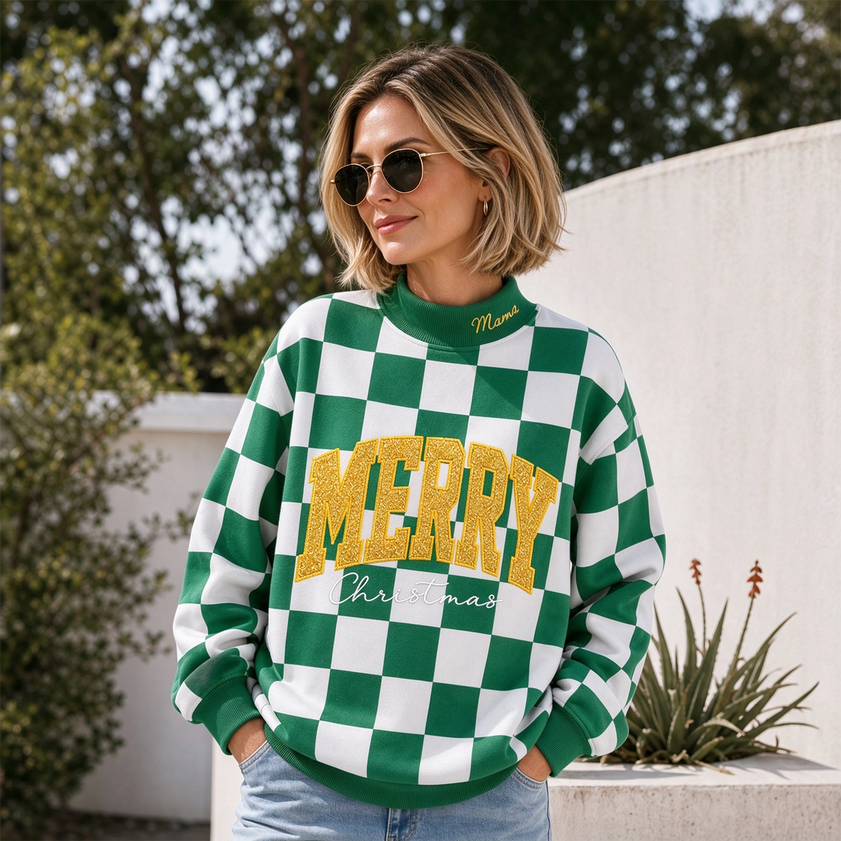 custom-merry-christmas-glitter-embroidered-checkered-sweatshirt-festive-checkerboard-mock-neck-holiday-top
