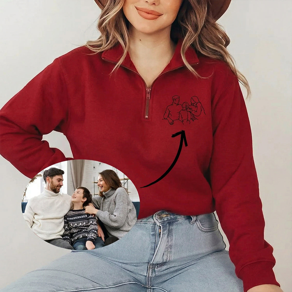 custom-family-portrait-quarter-zip-sweatshirt-wear-your-memories-gift-for-mom-family