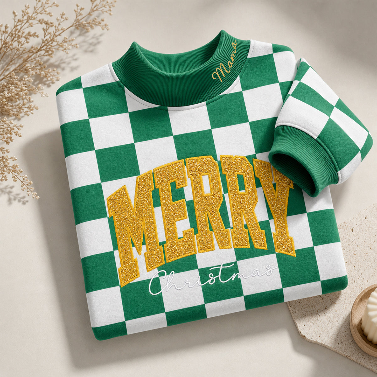 custom-merry-christmas-glitter-embroidered-checkered-sweatshirt-festive-checkerboard-mock-neck-holiday-top