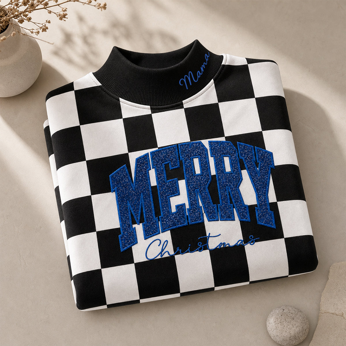 custom-merry-christmas-glitter-embroidered-checkered-sweatshirt-festive-checkerboard-mock-neck-holiday-top