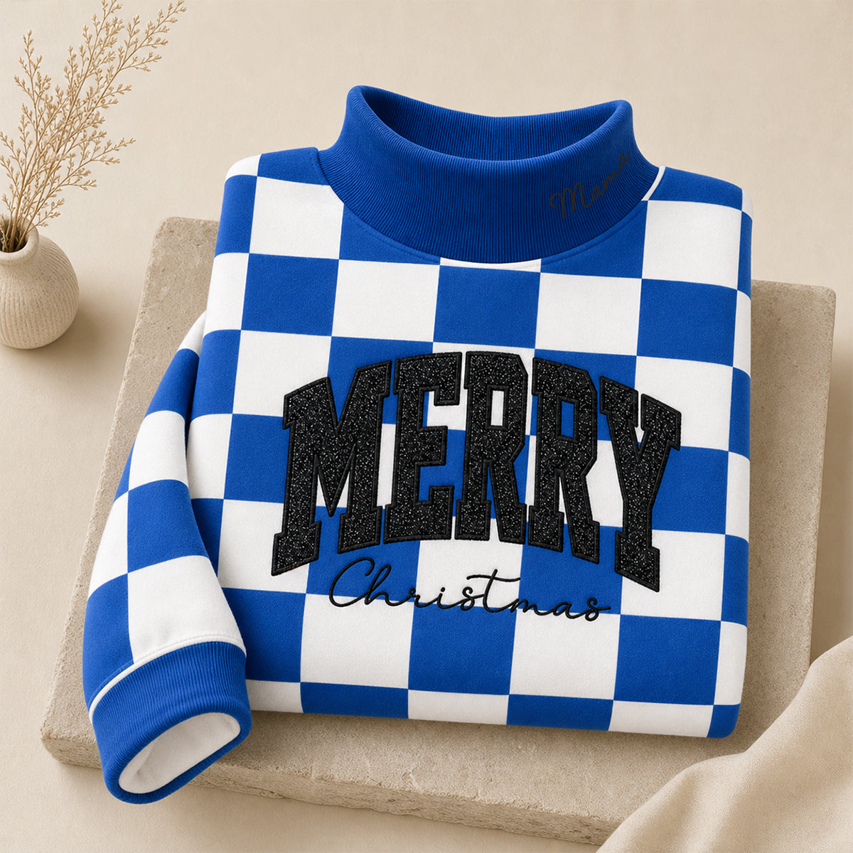 custom-merry-christmas-glitter-embroidered-checkered-sweatshirt-festive-checkerboard-mock-neck-holiday-top