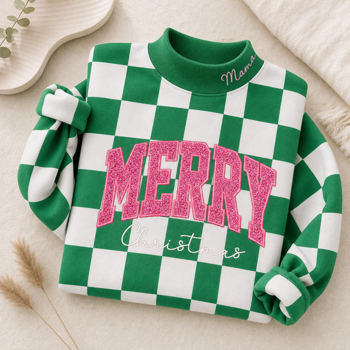custom-merry-christmas-glitter-embroidered-checkered-sweatshirt-festive-checkerboard-mock-neck-holiday-top