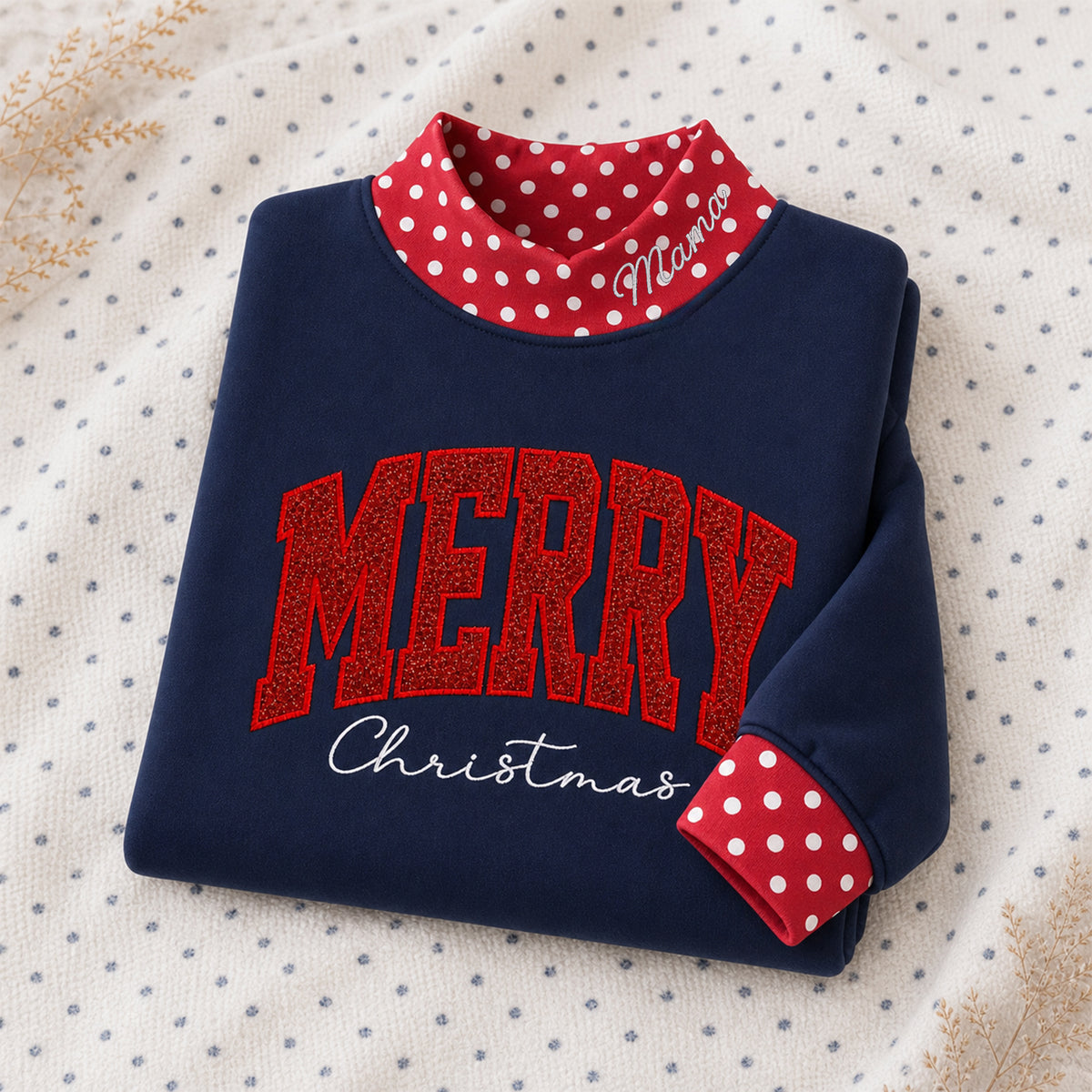 custom-merry-christmas-mock-neck-sweatshirt-with-polka-dot-trim-festive-glitter-embroidered-holiday-pullover