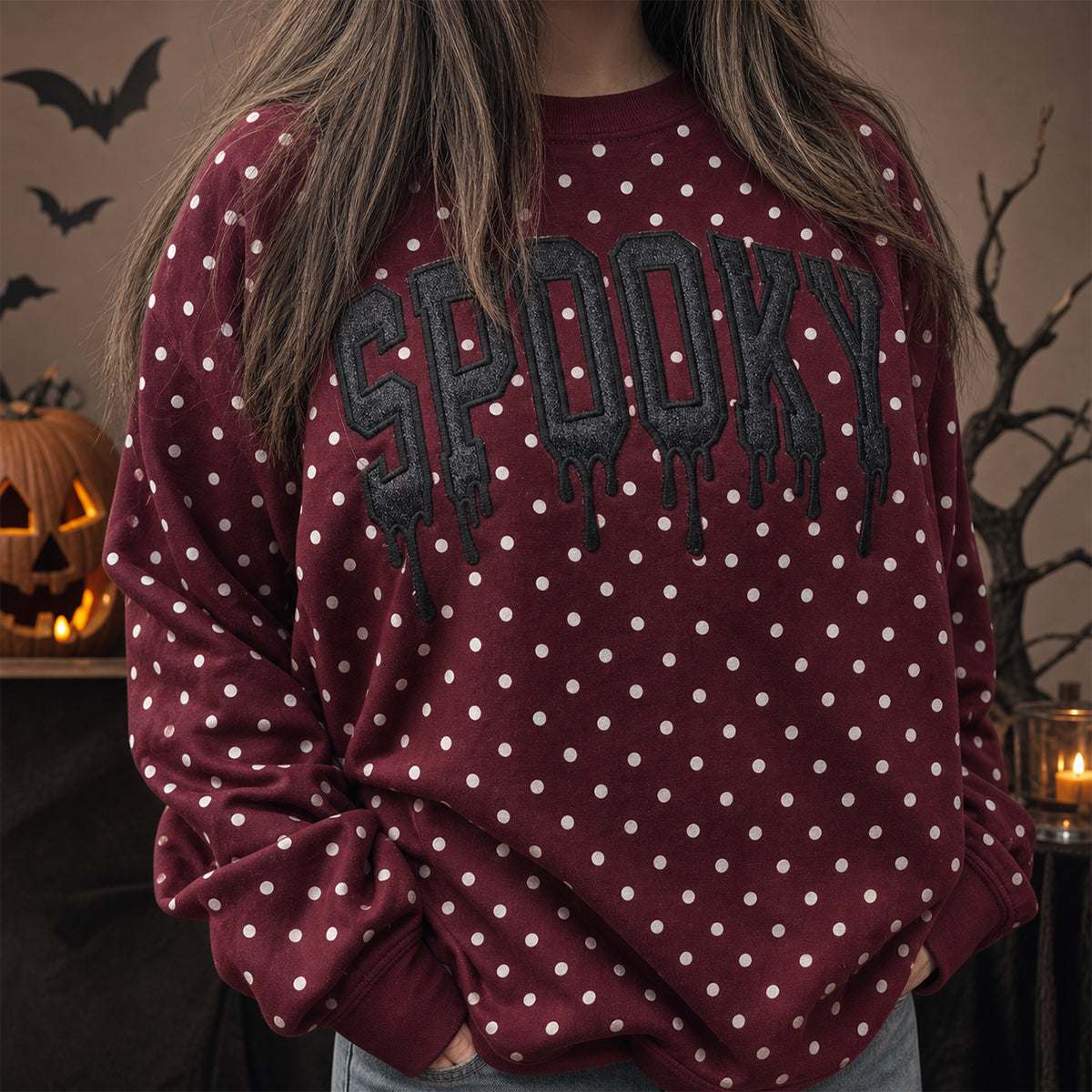 cutsom-spooky-polka-dot-sweatshirt-drippy-glitter-embroidered-halloween-pullover
