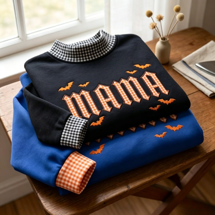 custom-mama-halloween-gingham-mock-neck-sweatshirt-fall-embroidered-sweatshirt-pumpkin-mom-top-autumn-shirt-cozy-halloween-outfit-spooky-season