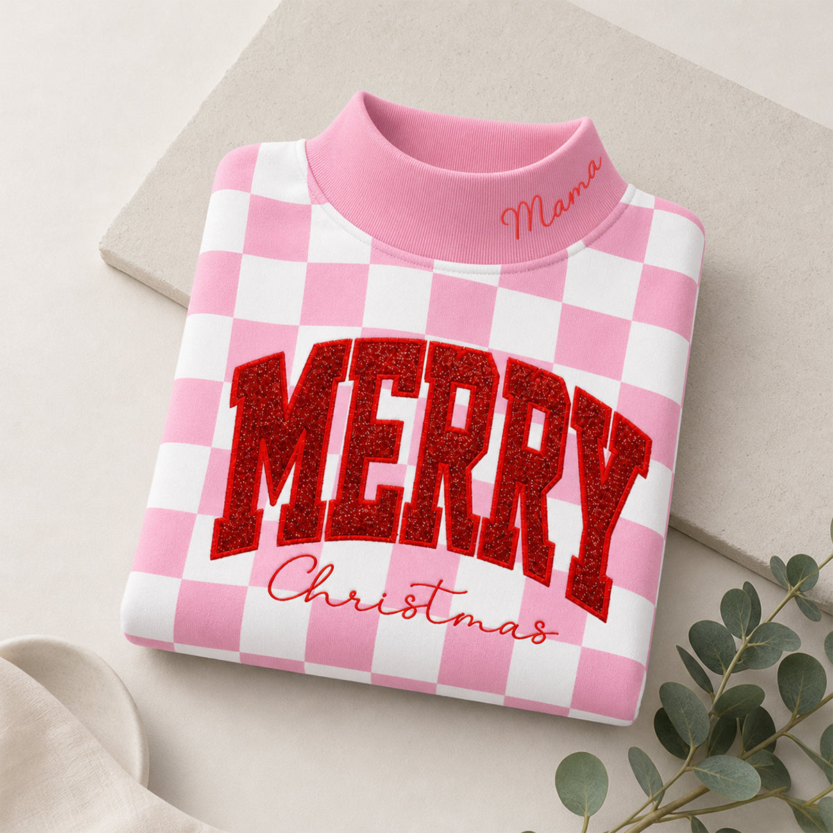 custom-merry-christmas-glitter-embroidered-checkered-sweatshirt-festive-checkerboard-mock-neck-holiday-top
