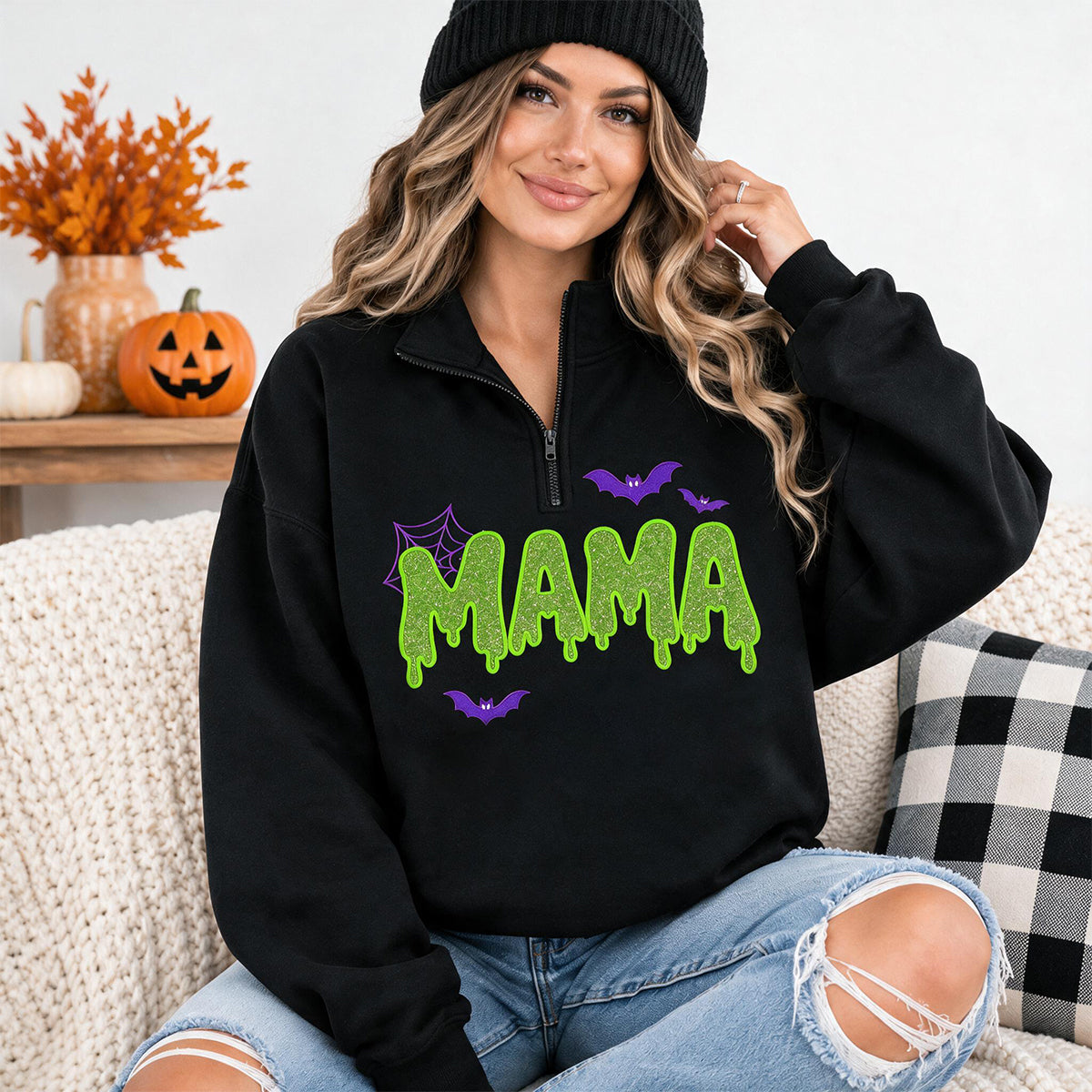 personalized-halloween-mama-quarter-zip-sweatshirt-spooky-glitter-embroidered-pullover-custom-halloween-mom-shirt