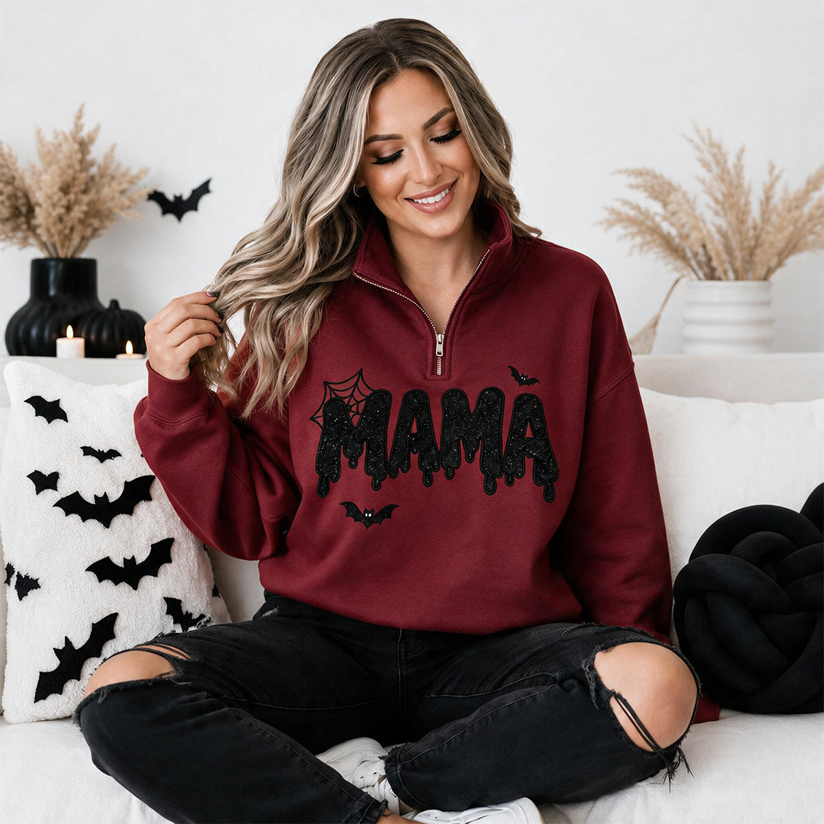 personalized-halloween-mama-quarter-zip-sweatshirt-spooky-glitter-embroidered-pullover-custom-halloween-mom-shirt