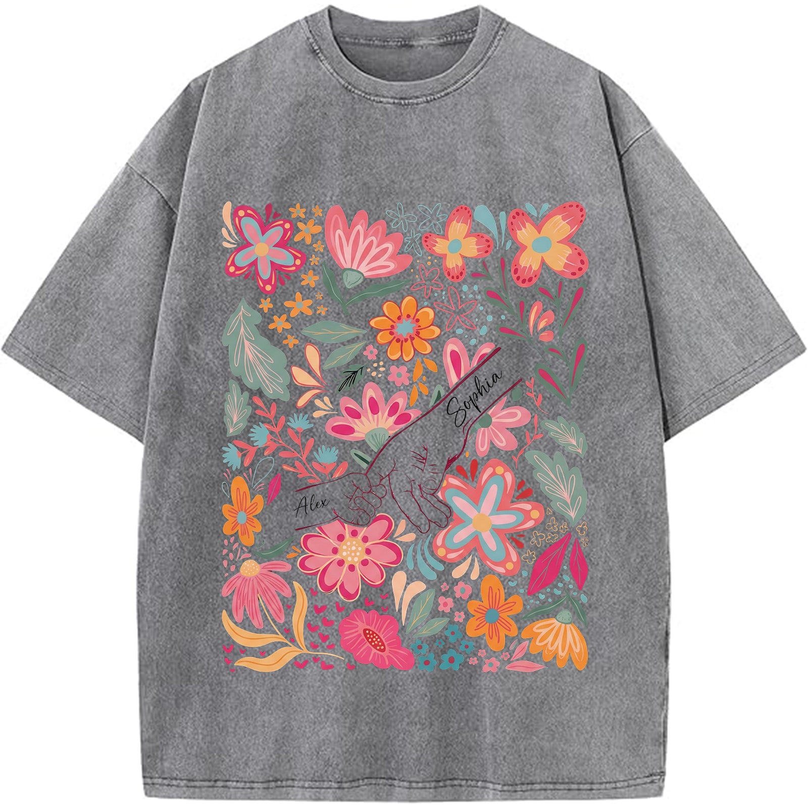 custom-mom-kids-washed-t-shirt-pinky-promise-floral-design-personalized-family-love-tee-for-mom