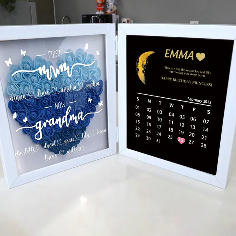 first-mum-now-grandma-with-real-moon-phase-anniversary-calendar-personalized-flower-shadow-box