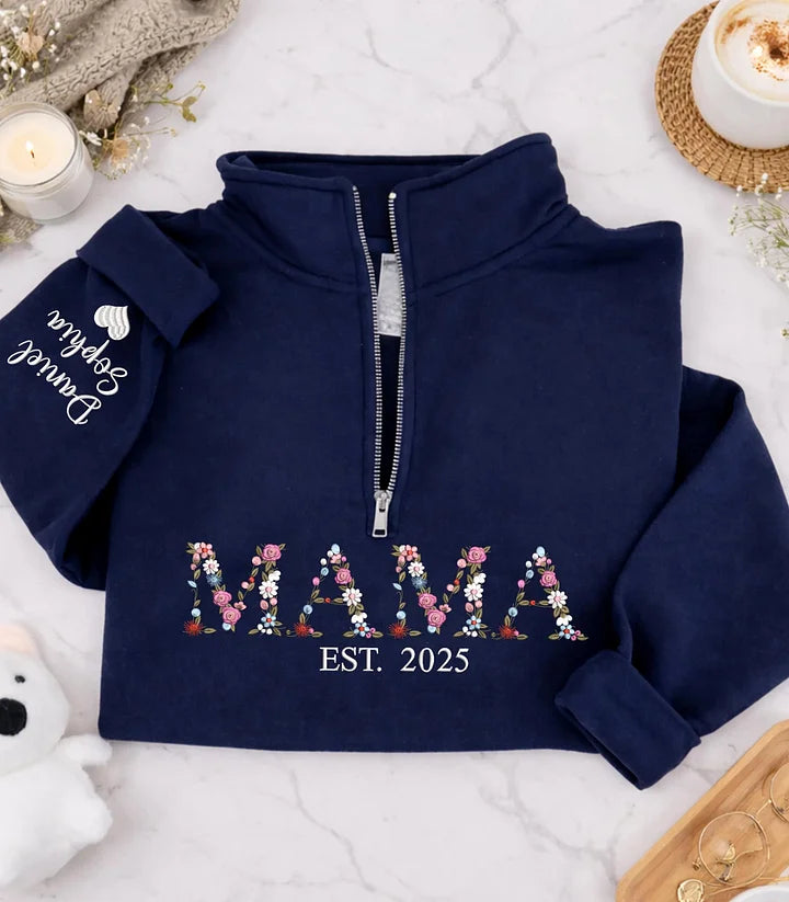 embroidered-floral-mama-quarter-zip-sweatshirt-with-names-on-sleeve-mothers-day-gift