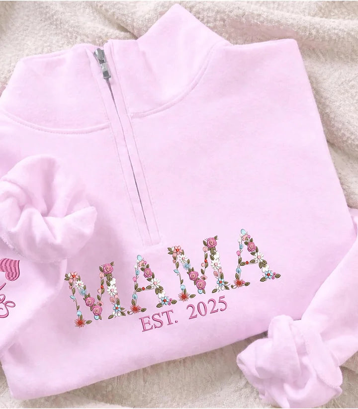 embroidered-floral-mama-quarter-zip-sweatshirt-with-names-on-sleeve-mothers-day-gift