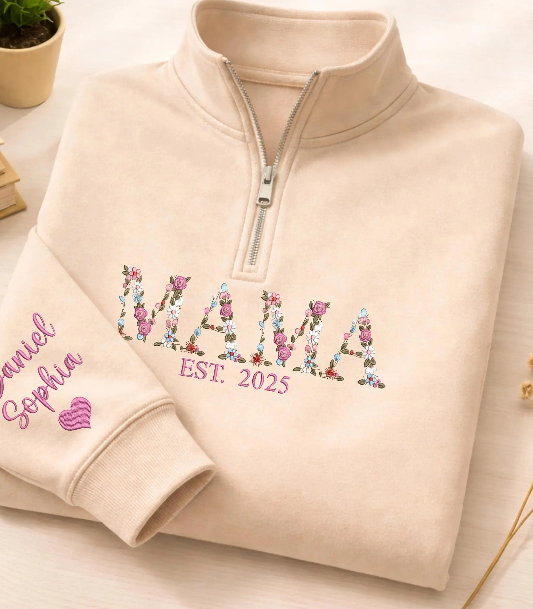 embroidered-floral-mama-quarter-zip-sweatshirt-with-names-on-sleeve-mothers-day-gift