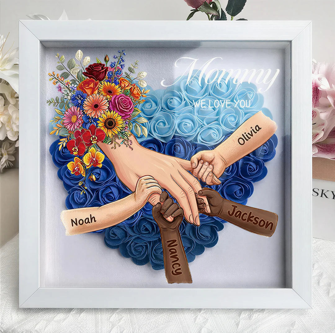 personalized-mommy-holding-hands-shadow-box-custom-mixed-skin-tone-hands-kids-names-floral-heart-frame-mother-s-day-gift