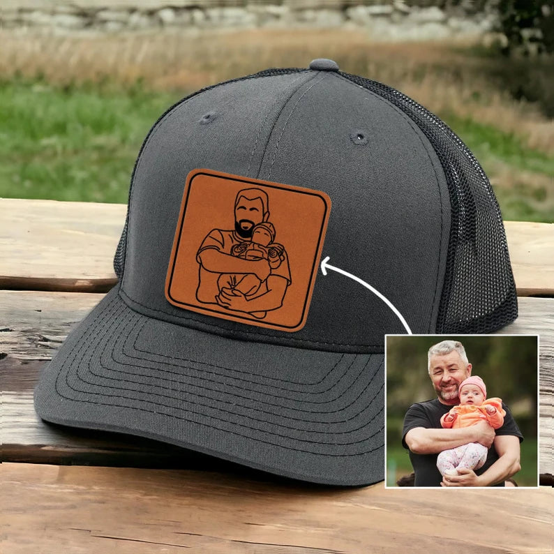 custom-photo-portrait-trucker-hat-personalized-leather-patch-cap-fathers-day-gift