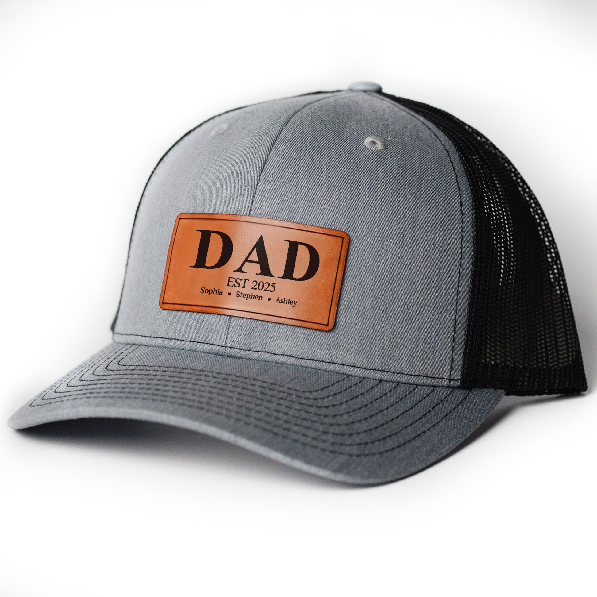 personalized-dad-est-year-leather-patch-trucker-hat-custom-dad-gift