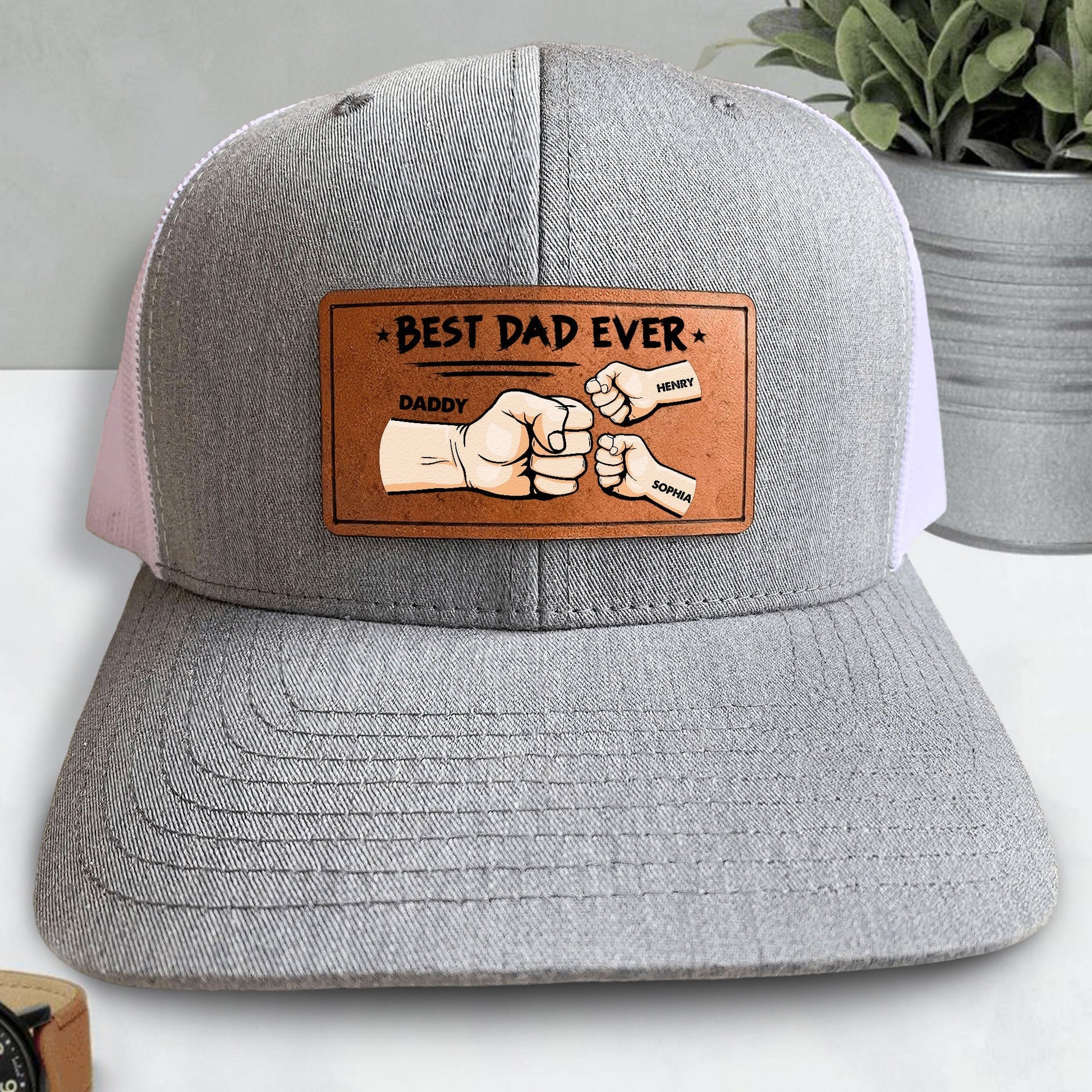 personalized-best-dad-ever-leather-patch-trucker-hat-custom-fathers-day-gift