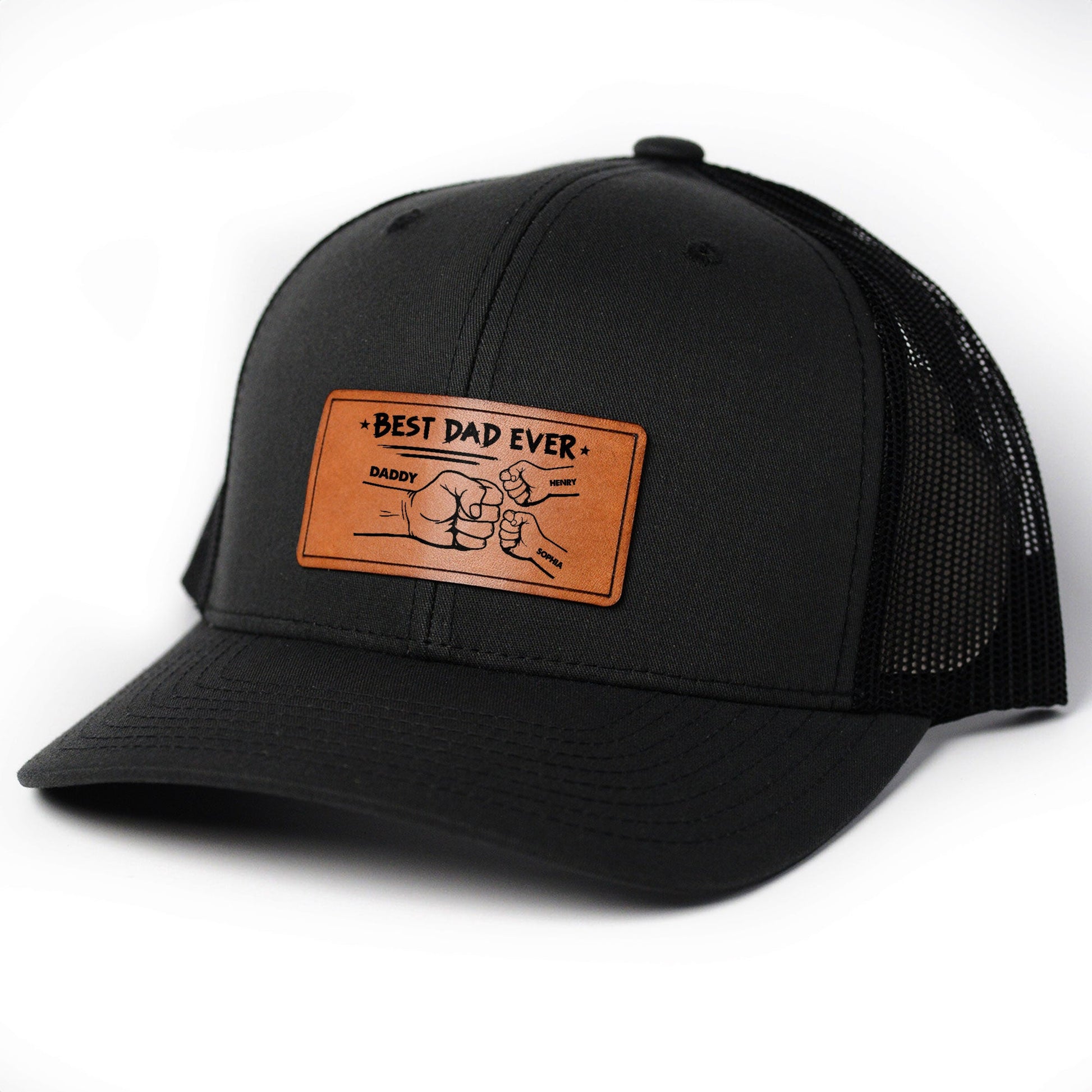 personalized-best-dad-ever-leather-patch-trucker-hat-custom-fathers-day-gift