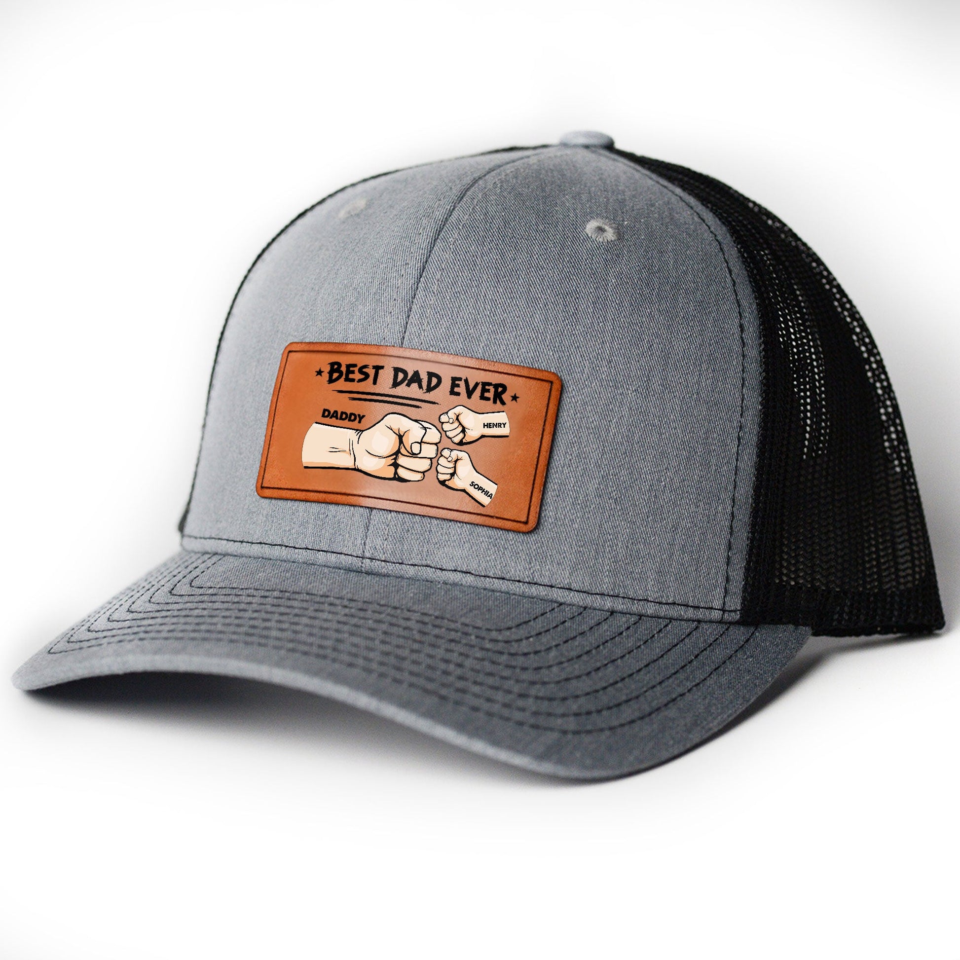 personalized-best-dad-ever-leather-patch-trucker-hat-custom-fathers-day-gift
