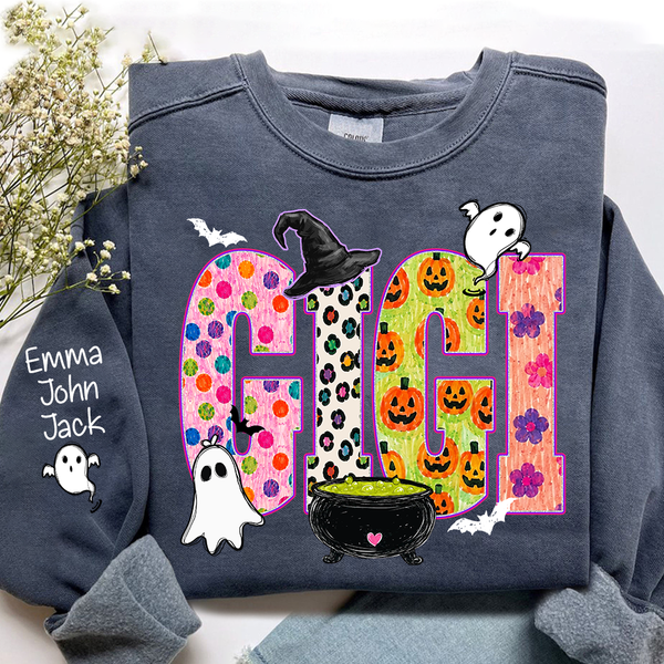 custom-spooky-gigi-sweatshirt-with-grandkids-names-on-sleeve-patterned-pumpkin-ghost-witch-hat-pullover