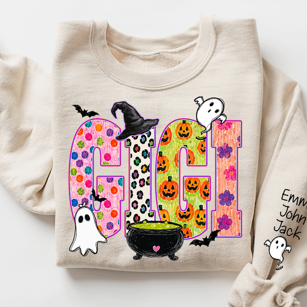 custom-spooky-gigi-sweatshirt-with-grandkids-names-on-sleeve-patterned-pumpkin-ghost-witch-hat-pullover