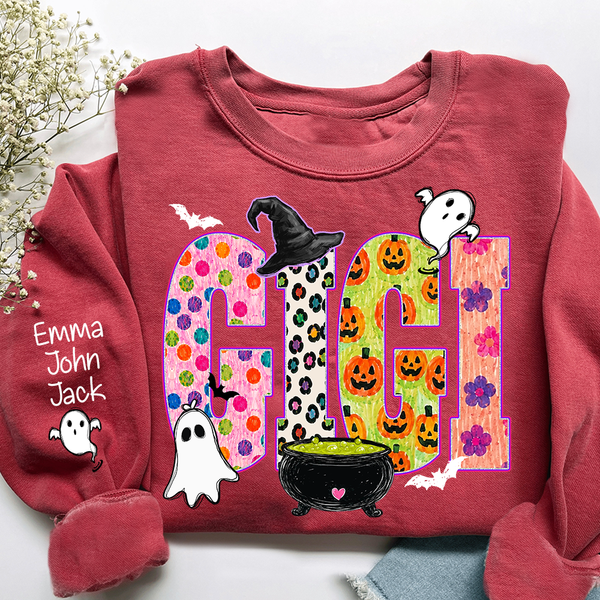 custom-spooky-gigi-sweatshirt-with-grandkids-names-on-sleeve-patterned-pumpkin-ghost-witch-hat-pullover